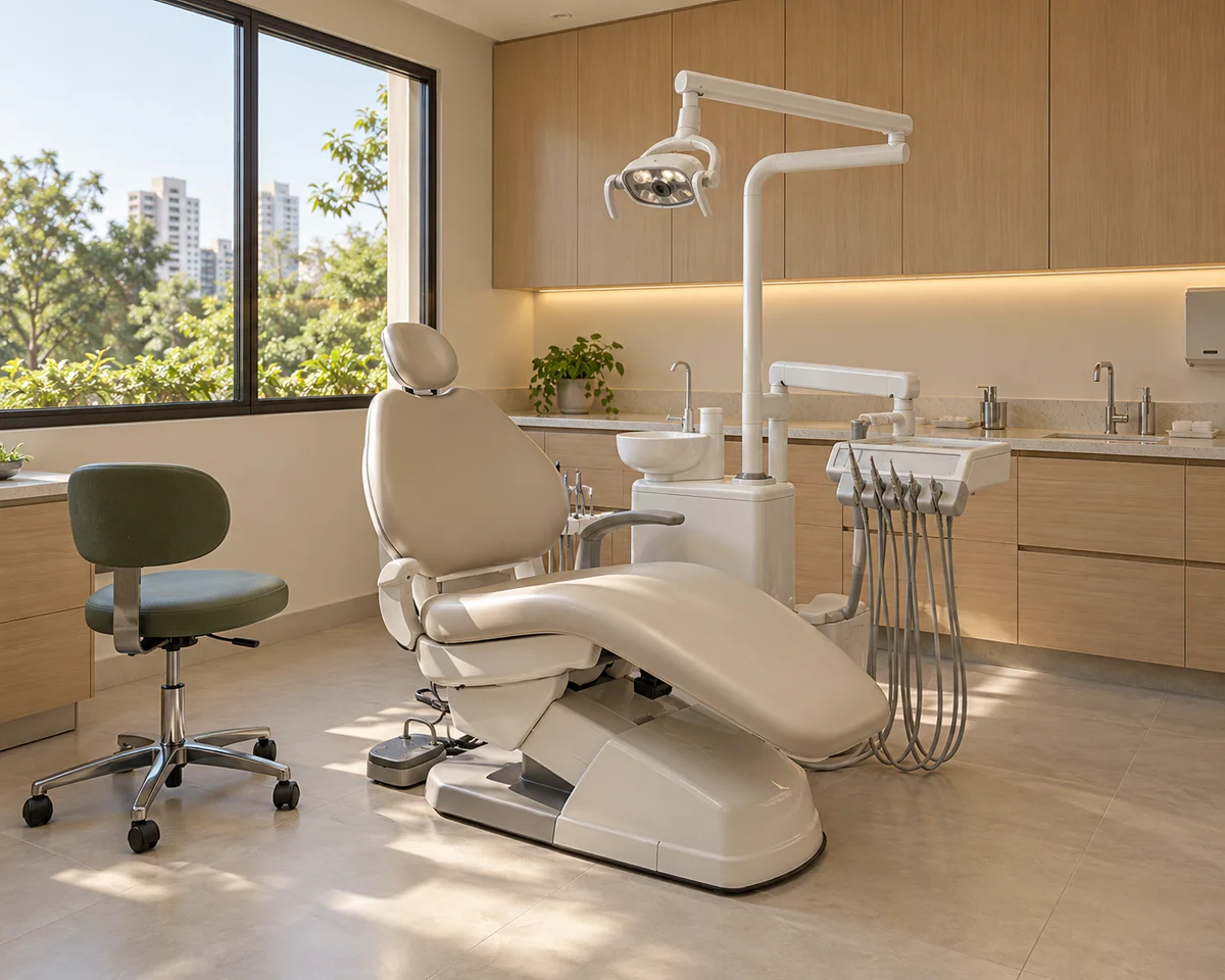 Ambiente odontológico ilustrativo com cadeira de atendimento, luz natural e mobiliário em madeira clara.